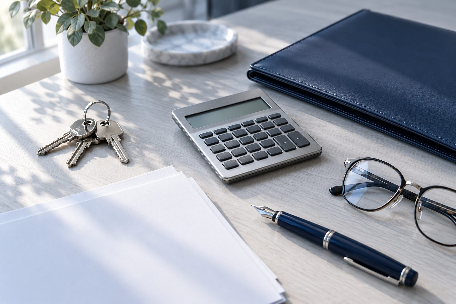 House keys, a calculator, reading glasses and a fountain pen on a desk in morning light